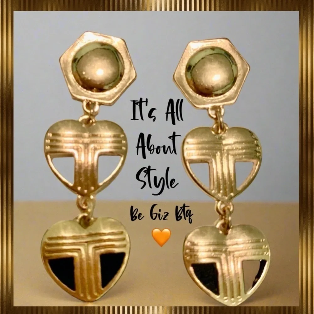 Tory Burch Unique Heart Long Earrings with Kira Logo And Tory Logo Gold Plated